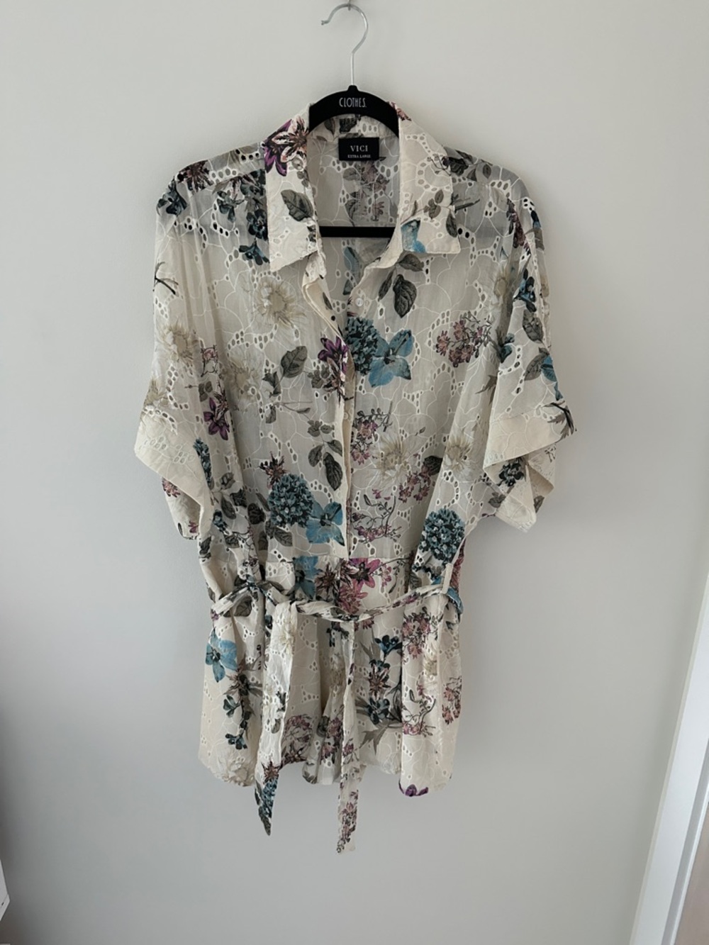 VICI Floral Lace Button-Down romper with Waist Tie - Cream Multicolor